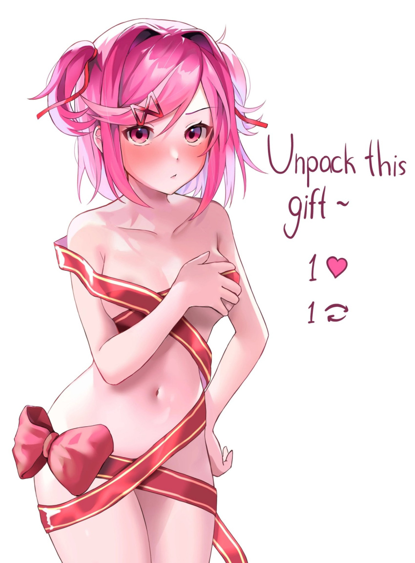 1girls blush blush christmas doki_doki_literature_club female heart heart looking_at_viewer machulanko naked natsuki_(doki_doki_literature_club) nude pink_eyes pink_hair red_ribbon retweet retweet_icon ribbon solo standing strip_game text white_background ~