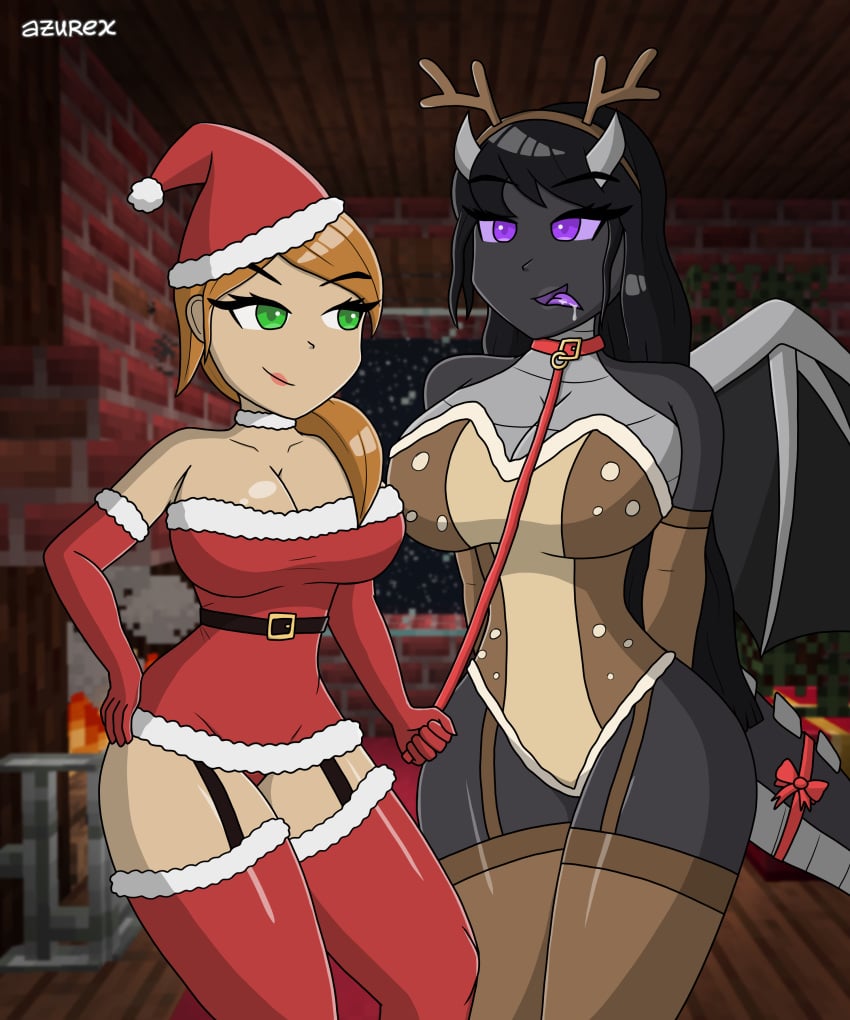 2d 2girls alex_(minecraft) azurexarts bedroom_eyes bikini bra christmas ender_dragon eyeliner female female_only garters gloves jean? jean_(minecraft) lingerie minecraft nude panties reindeer_costume santa_costume scalie scalie_female socks stockings thick_thighs thighhighs