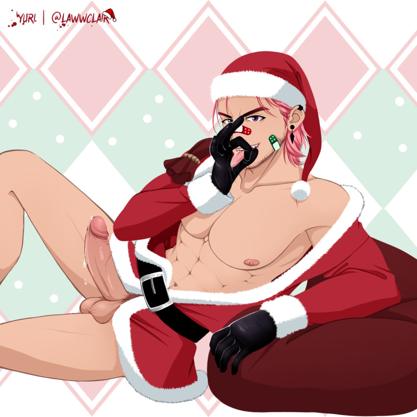 christmas drooling_cum hand_sign lawwclair pink_hair santa_costume santa_hat tongue