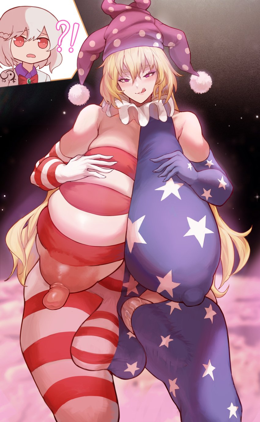 1futa 1girls 2022 alternate_breast_size american_flag areolae balls bare_shoulders blonde_hair bodysuit breasts bulge clothed clothed_futanari clothing clownpiece eversatellites female flaccid futa_focus futanari huge_breasts human licking_lips light-skinned_female light-skinned_futanari light_skin long_hair mostly_clothed nipples penis penis_in_thighhighs sagume_kishin skindentation solo_focus standing thighhighs tongue tongue_out touhou venus_body voluptuous white_hair