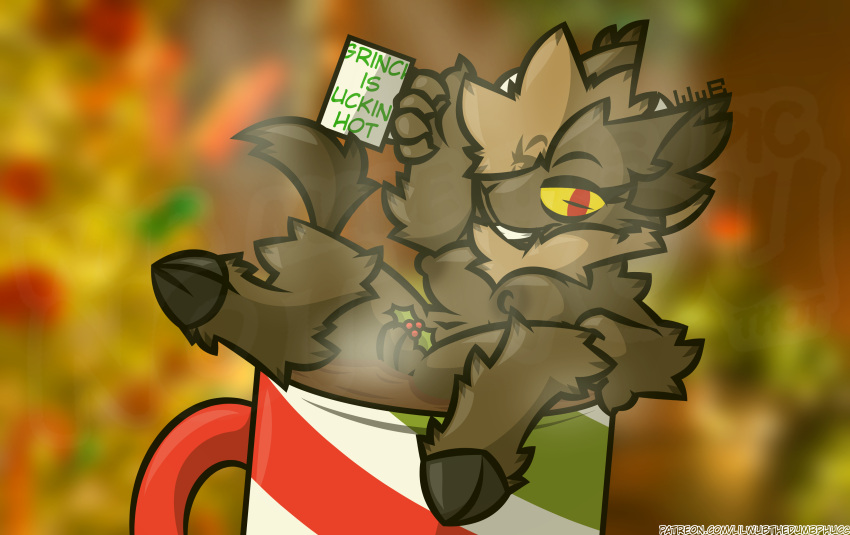 absurd_res anthro beverage bovid breasts brown_body brown_fur candy caprine caprine_demon chocolate christmas claws demon dessert female food fur genitals goat goat_demon grin head_tuft hi_res holding_object holidays holly_(plant) hooves hot_chocolate inner_ear_fluff kreampie_(wub) looking_at_viewer mammal mane membrane_(anatomy) membranous_wings mug nipples nude plant profanity pussy red_eyes signature smile solo steam tail_tuft tuft watermark wings wub_(artist) yellow_sclera