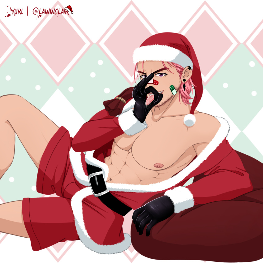 christmas drooling_cum hand_sign lawwclair pink_hair santa_costume santa_hat tongue