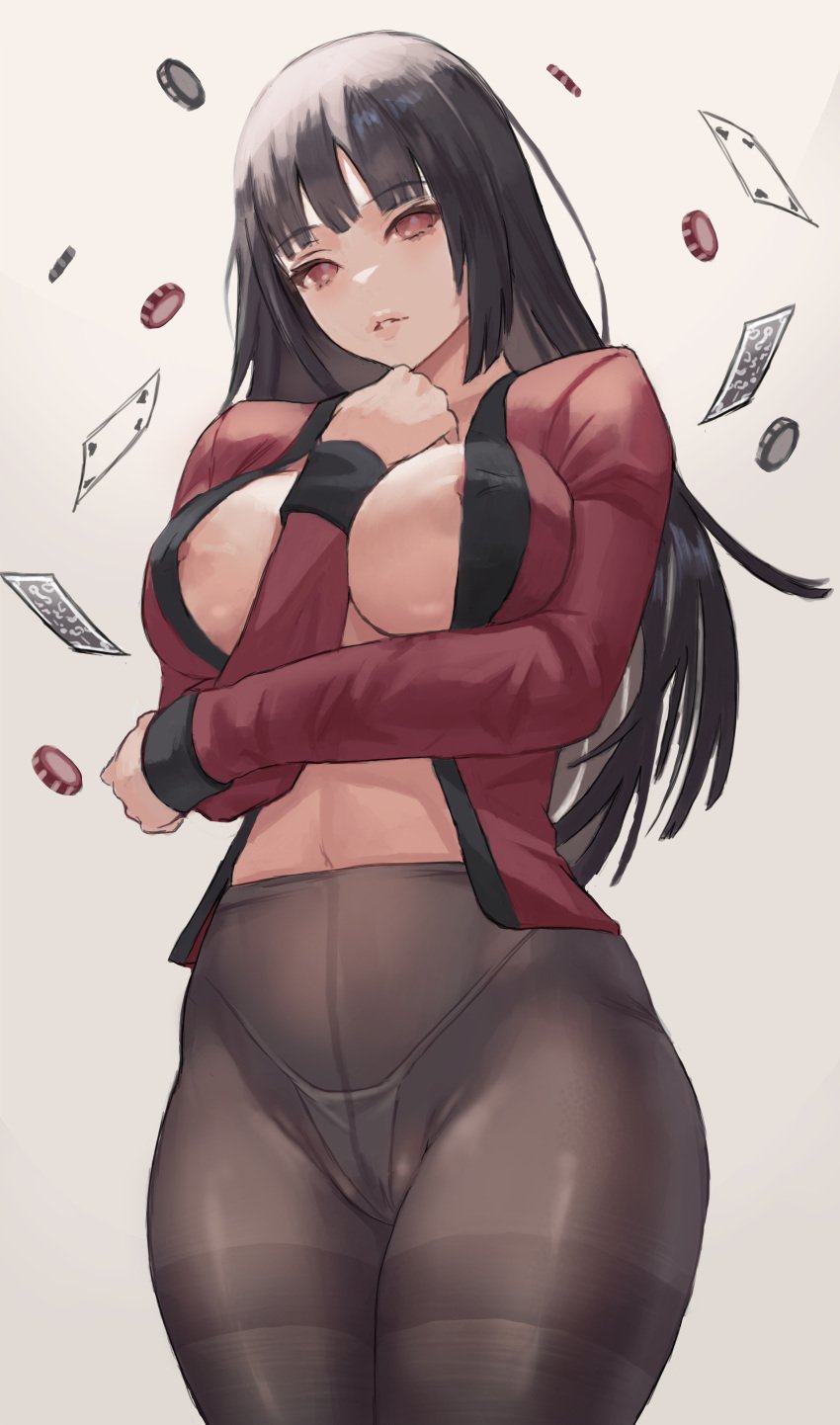 1girl 1girls 2022 arm_between_breasts bed_sheet black_hair cards cleavage cutesexyrobutts_(style) female female_only female_protagonist high_school_student huge_breasts human human_female human_only jabami_yumeko kakegurui large_breasts light-skinned_female light_skin long_hair looking_at_viewer mostly_clothed nipples no_bra no_sex not_ai_generated objects panties pantyhose parted_lips poker_cards poker_chip poker_chips red_eyes see-through simple_background solo solo_female standing straight_hair teenage_girl teenager thick_thighs thighs thong white_background zefra_bleu