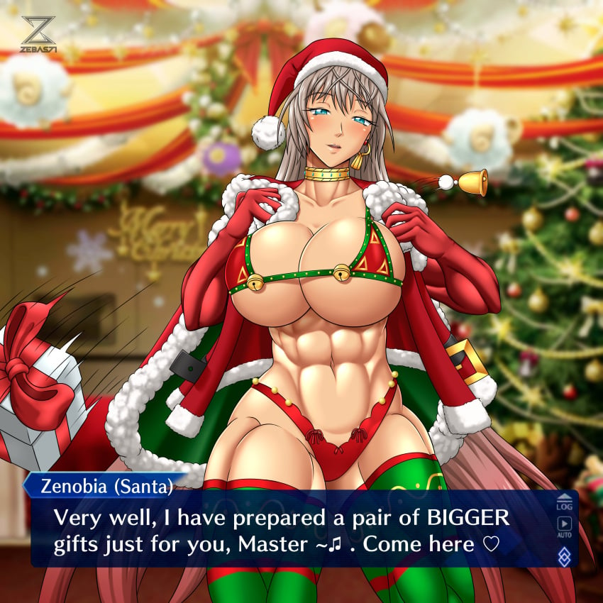 abs big_breasts bikini blue_eyes bra christmas christmas_bikini christmas_outfit dark-skinned_female fate/grand_order fate_(series) female_only gift gift_box jewelry large_breasts long_hair looking_at_viewer muscular_arms muscular_female muscular_legs muscular_thighs panties smiling_at_viewer solo solo_female taking_clothes_off text text_box thick_thighs two_tone_hair zebas71 zenobia_(fate)