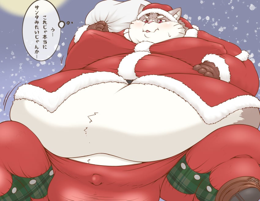 2022 anthro belly big_belly bulge christmas christmas_clothing christmas_headwear clothing domestic_cat felid feline felis hamatnk hat headgear headwear hi_res holidays japanese_text kemono male mammal morbidly_obese morbidly_obese_male night obese obese_male outside overweight overweight_male santa_claus santa_hat sitri sitting solo text tokyo_afterschool_summoners