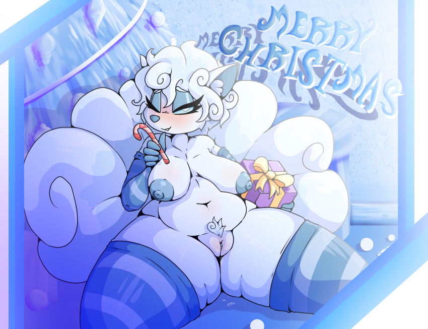 alolan_form alolan_vulpix anthro big_breasts blue_eyes bodily_fluids breasts candy candy_cane christmas dessert female female_focus female_only food fur genital_fluids genitals hi_res holidays iguanasarecool nintendo nipples plant pokémon_(species) pokemon pokemon_(species) presenting pubes pussy pussy_juice regional_form_(pokemon) slightly_chubby thick_thighs thighs tree video_games vulpix white_body white_fur