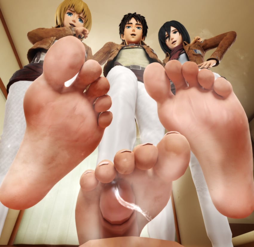 3d armin_arlert attack_on_titan bisexual_male eren_jaeger feet foot_fetish foot_focus footjob gay male_feet male_foot_fetish male_pov mikasa_ackerman mrgtsfloop shingeki_no_kyojin shrunken smelly_feet smiling soles steamy_feet sweaty_feet