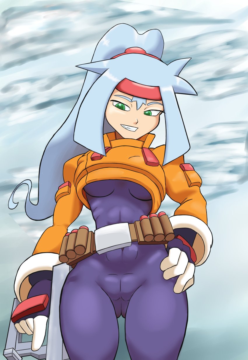 1girls 2021 ashe_(megaman_zx) bodysuit cameltoe cyan_hair female hi_res long_hair mega_man mega_man_zx_advent png purple_bodysuit pussy revealing_clothes solo_female thigh_gap thighs tight_clothing underboob zajokeyaknow