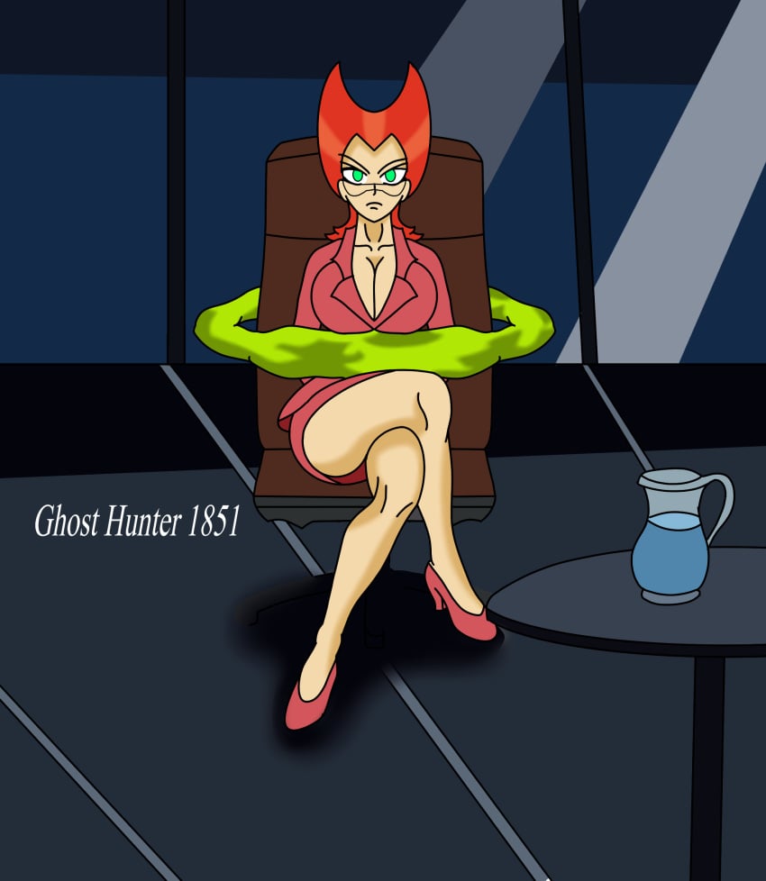 1girls business_dress business_suit business_woman commentary commentary_request danny_phantom female female_only ghost_girl ghosthunter1851(artist) green_eyes heels high_heels hostage large_breasts legs_crossed nickelodeon penelope_spectra red_eyes short_hair sitting_on_chair solo tied_up