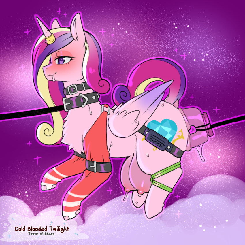 1:1 2022 alicorn big_crotchboobs blush cold-blooded-twilight collar crotchboobs cutie_mark digital_media_(artwork) english_text equid equine eyelashes female feral friendship_is_magic hasbro hi_res horn mammal my_little_pony non-human_areolae outside princess_cadance_(mlp) side_view solo text wings