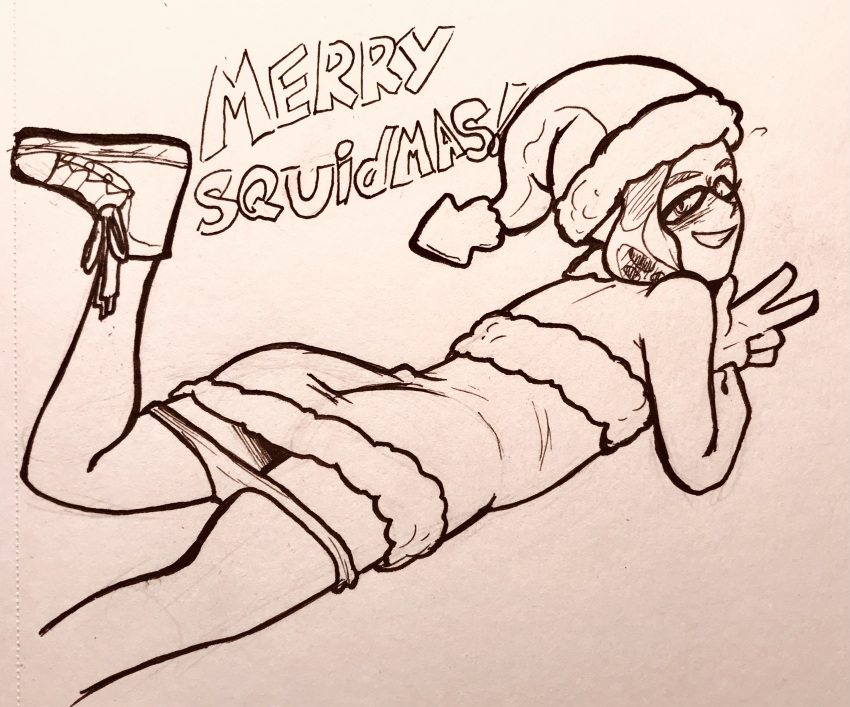 ass_focus big_ass blush christmas dress femboy feminine_male inkling inkling_boy large_ass legs levi_(oh_gosh_levi) looking_at_viewer oh_gosh_levi panties panties_down santa_costume santa_hat shoes smile splatoon