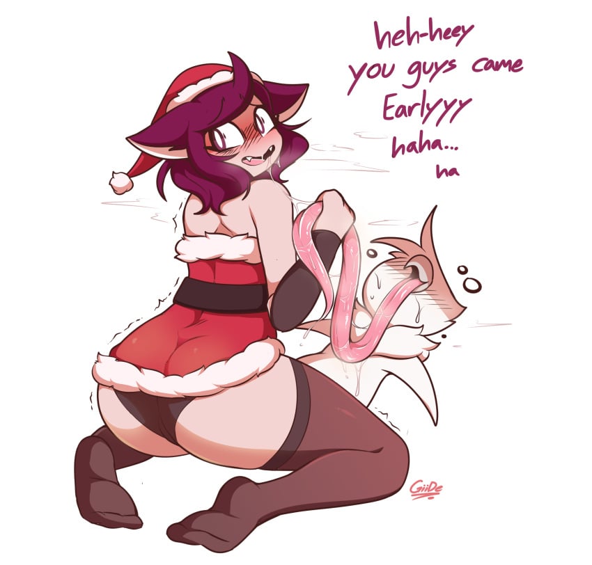 aiko_(giidenuts) anthro ass avian bird blush bodily_fluids christmas christmas_clothing christmas_headwear clothed clothing duo embrace extreme_french_kiss female french_kissing giidenuts headgear headwear hi_res holding_tongue holidays hug human humanoid kissing legwear long_tongue looking_pleasured male male/female mammal penguin rear_view riley_(giidenuts) saliva simple_background size_difference surprise text thigh_highs tongue tongue_out tongue_wrap