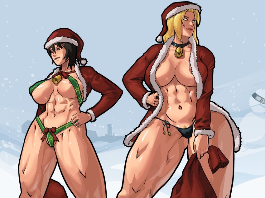 2girls abs almost_naked areola areola_slip bag barely_clothed bell big_breasts black_hair blonde_hair breasts choker christmas cleavage cross_section equinox006 female female_only fur_trim gift_bag impossible_clothes jacket jingle_bell konohagakure_symbol mostly_nude multiple_females multiple_girls muscular muscular_female muscular_thighs naruto naruto_(series) naruto_shippuden nipples no_bra outdoors panties revealing_clothes ribbon ribbon_trim sack santa_costume santa_hat shizune snow snowing snowman teacher_and_student thick_thighs toned toned_female tsunade voluptuous voluptuous_female