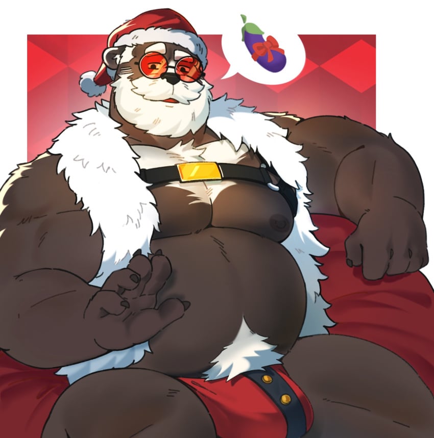 2022 anthro barazoku bear beard belly biceps big_belly big_bulge big_muscles big_pecs body_hair bulge chest_hair christmas christmas_clothing christmas_headwear claws clothed clothing dialogue_box eggplant eyebrows eyewear facial_hair food fruit fur glasses happy_trail harness hat headgear headwear hi_res holidays huge_muscles innuendo inviting kororoman looking_at_viewer male male_only mammal mature_anthro mature_male musclegut muscular muscular_anthro muscular_male nipples pecs pictographics plant pubes ribbons santa_hat simple_background sitting smile solo thick_thighs thong topless topless_anthro topless_male tuft underwear