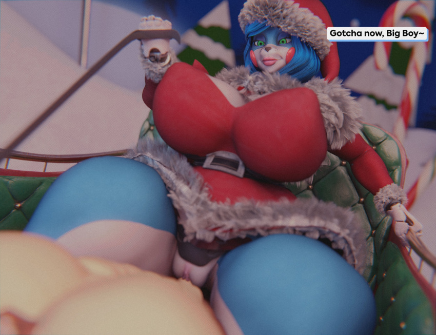 2022 3d_(artwork) anthro big_breasts black_nose blue_body blue_hair blush blush_stickers breasts candy candy_cane christmas christmas_clothing christmas_headwear christmas_tree clothing dessert dialogue digital_media_(artwork) duo english_text female fingers five_nights_at_freddy's five_nights_at_freddy's_2 food genitals green_eyes hair hat headgear headwear hi_res holidays huge_breasts human lagomorph leporid male male/female mammal plant pussy rabbit rule_63 santa_hat scottgames snow sunr4y sunr4y_w0rksh0p text thick_thighs toy_bonnie_(fnaf) tree white_body