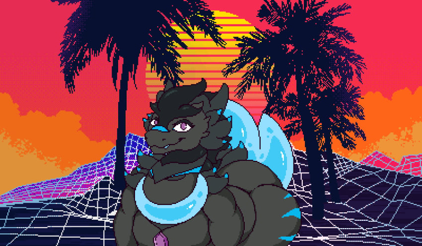 2d animated ass big_butt black_hair blue_markings blue_tail blue_tongue dragon feral frame_by_frame grey_body hair huge_butt javeloz looking_at_viewer male male_only markings neon_grid palm_tree plant purple_eyes sky smile solo solo_male sun synthwave teasing tongue tongue_out tree