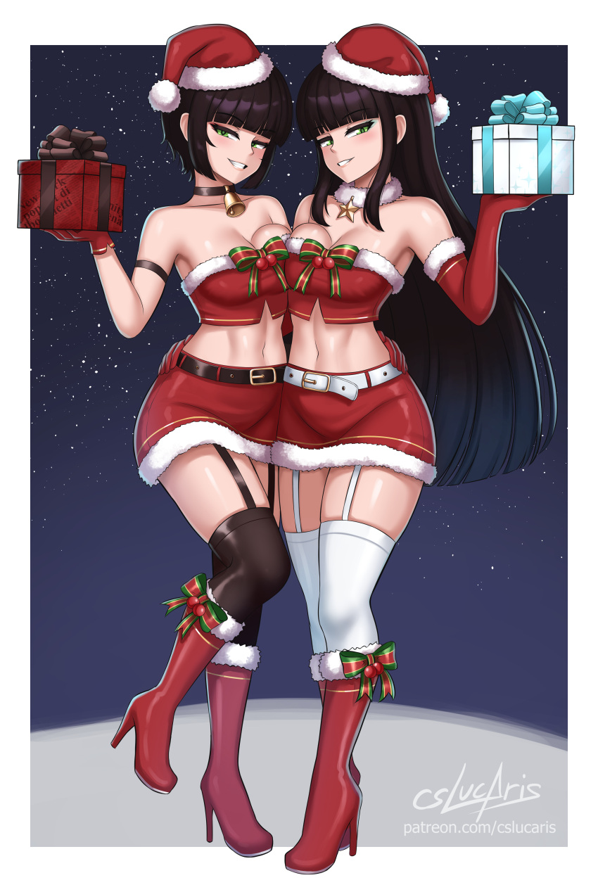 2girls black_hair blush boots breasts christmas christmas_outfit cslucaris eye_contact garter_straps high_heels_boots legwear long_hair looking_at_viewer melanie_malachite miltiades_malachite rwby santa_hat short_hair sisters skirt smile standing thick_thighs thighhighs thighs twins