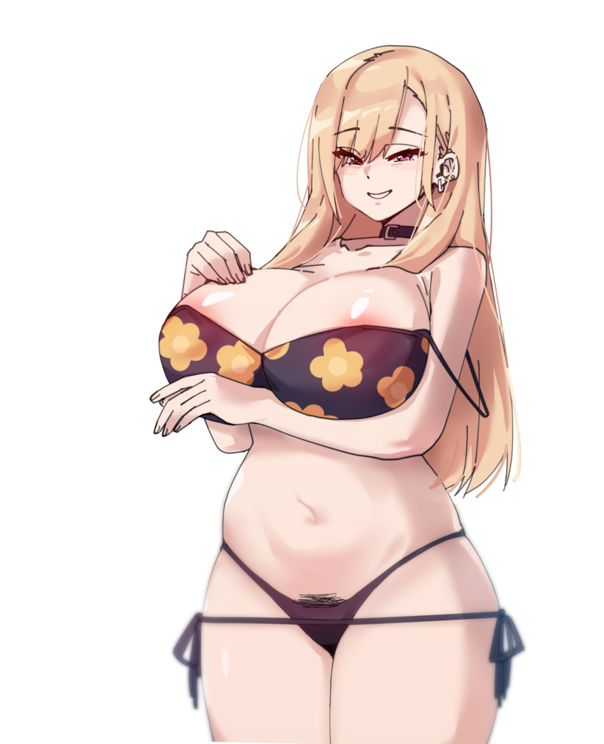 1girls alternate_breast_size bikini black_bikini black_panties blonde_hair breasts choker chururumoestudio earrings female female_only human kitagawa_marin looking_at_viewer nipple_slip pubes pubic_hair pubic_hair_peek solo sono_bisque_doll_wa_koi_wo_suru