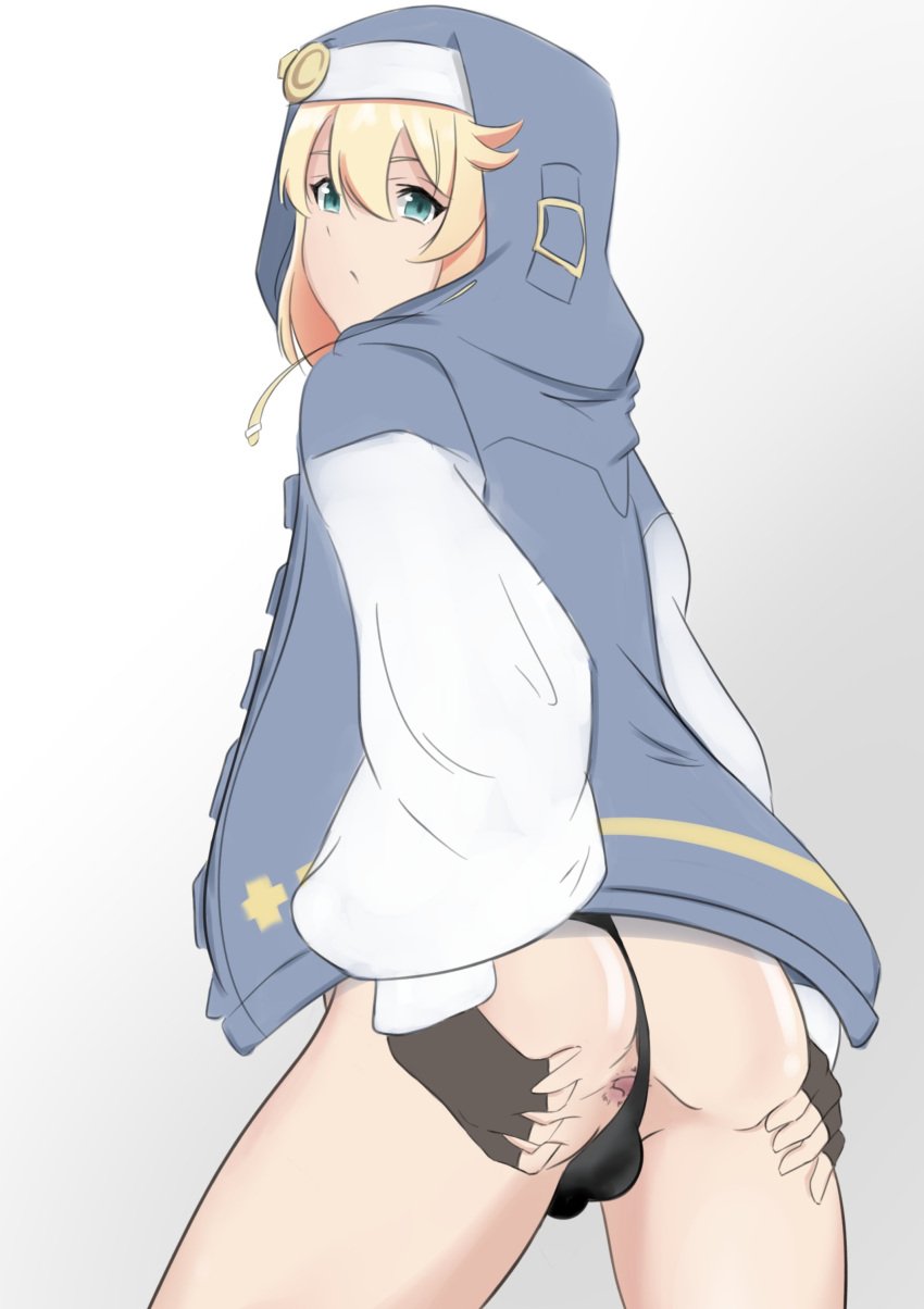 1boy 2022 anus aqua_eyes ass back_view ball_bulge blonde_hair bridget bulge femboy girly guilty_gear guilty_gear_strive hooded_jacket looking_at_viewer looking_back looking_back_at_viewer male male_only panties panties_aside penis_bulge solo very_high_resolution vyse322 white_background