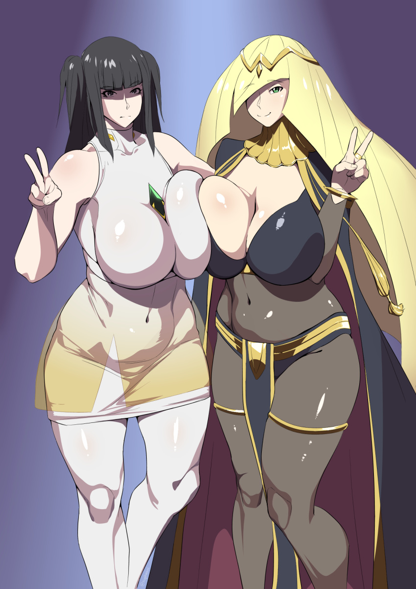 2girls alternate_costume asymmetrical_docking bangs bare_shoulders big_breasts black_bodysuit black_eyes black_hair blonde_hair blue_background blunt_bangs bodystocking bodysuit breast_press breast_squeeze breast_squish breasts cape cleavage cleavage_cutout closed_mouth clothing_cutout collarbone company_connection cosplay costume_switch covered_navel cowboy_shot crossover crossover_cosplay dress eye_contact female female_only fire_emblem fire_emblem_awakening fully_clothed game_freak gradient gradient_background green_eyes hair_over_one_eye highres huge_breasts leggings long_hair long_sleeves looking_at_viewer lusamine_(pokemon) lusamine_(pokemon)_(cosplay) mature_female milf multiple_girls nintendo outfit_swap pokemon pokemon_(game) pokemon_sm see-through shiny shiny_clothes sleeveless smile standing suphesol tharja_(fire_emblem) tharja_(fire_emblem)_(cosplay) thick_thighs tiara twintails v white_dress white_leggings wide_hips