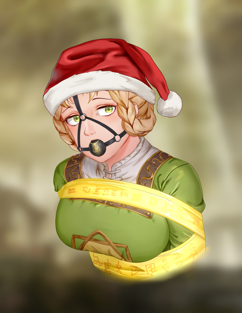 1girls big_breasts blonde_hair bondage braid christmas clothing elden_ring female female_only fromsoftware heidao mouth_gag rya_(elden_ring) santa_hat