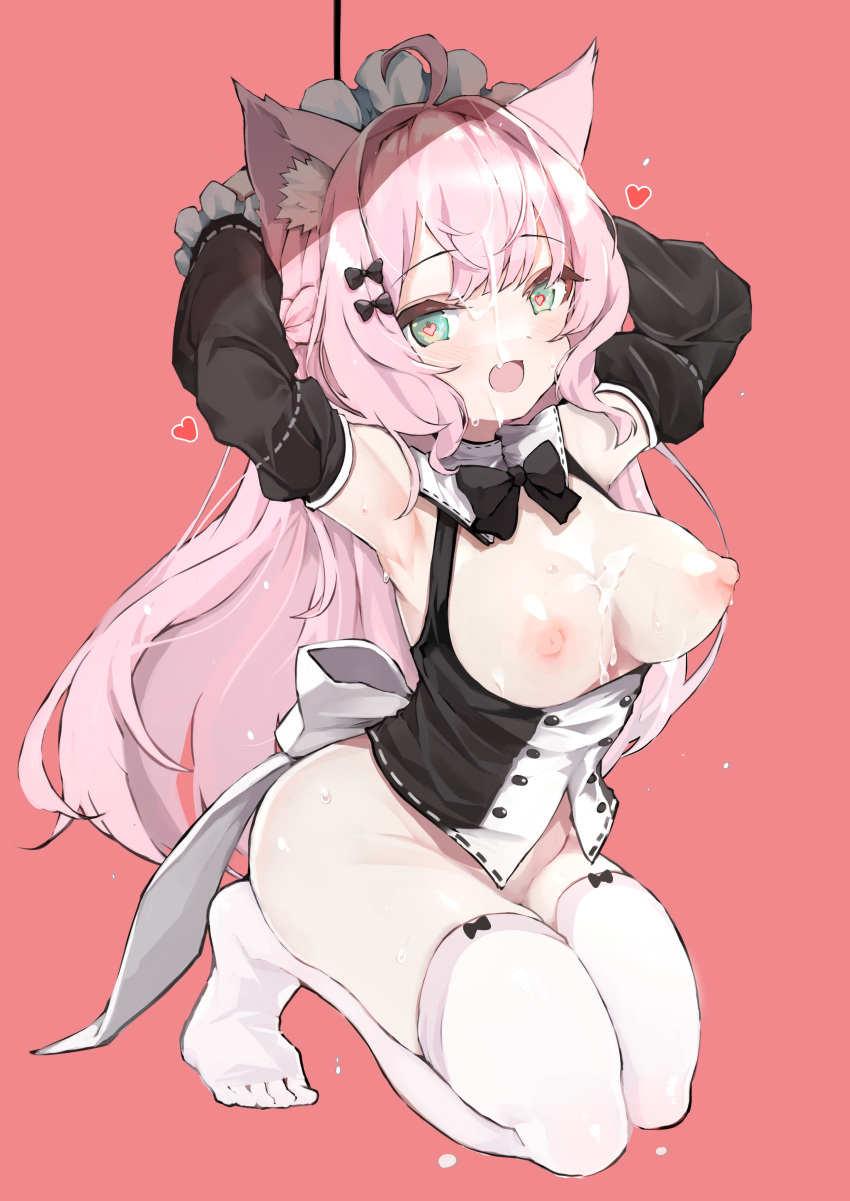 absurdres ahoge animal_ear_fluff animal_ears armpits arms_up black_shirt black_sleeves blue_eyes blush bondage bondage bottomless bound bound_wrists bow breasts breasts_out cat_ears cum cum_on_body cum_on_breasts detached_sleeves facial feet female hairbow heart highres kneeling long_hair maid_headdress nipples no_shoes open_mouth original pink_background pink_hair ribbon rope shirt simple_background smile solo sweat teranekosu thighhighs thighs toes underwear white_thighhighs