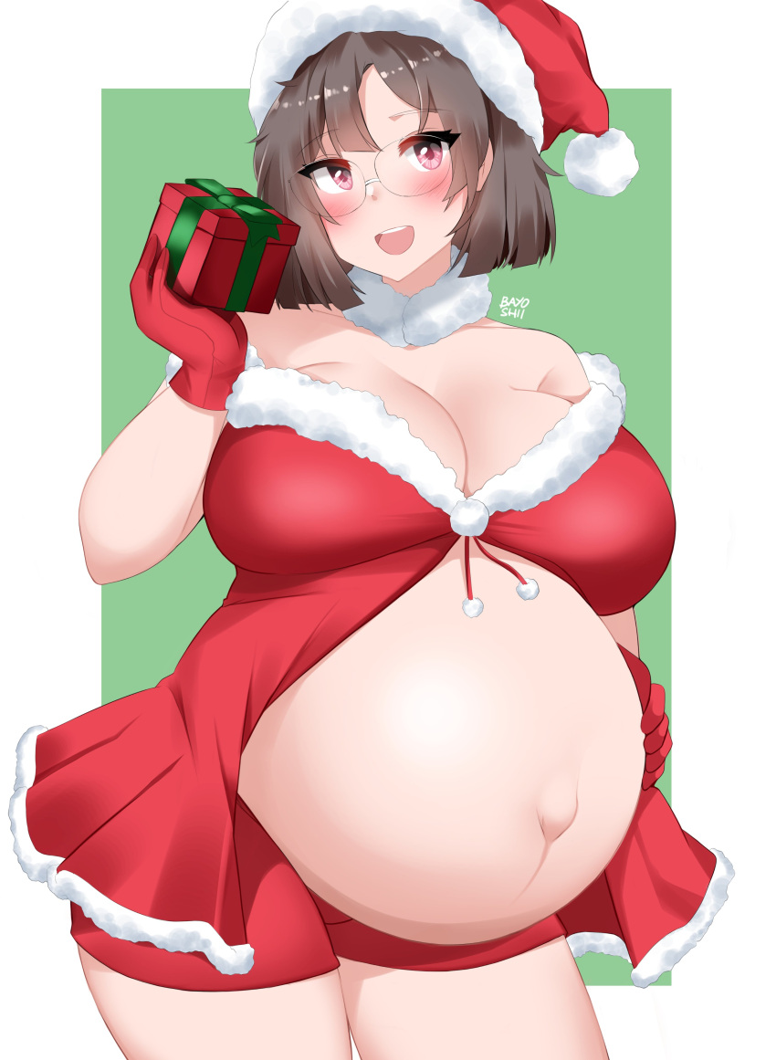 1girls bayoshii big_breasts breasts christmas female female_only glasses huge_belly large_breasts looking_at_viewer outie_navel pregnant ready_to_pop solo