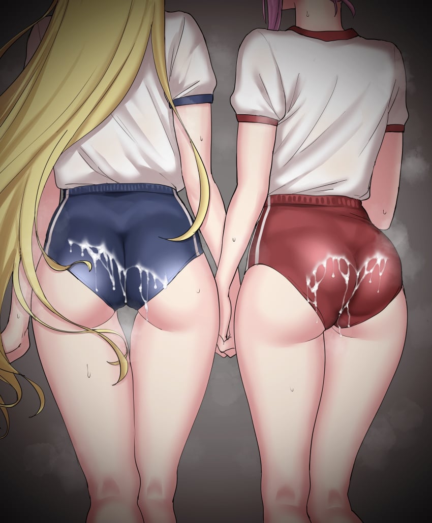 2girls absurdres akkgsyk ass blonde_hair blue_buruma buruma cum cum_on_ass cum_on_clothes from_behind grey_background gym_shirt gym_uniform head_out_of_frame highres holding_hands kneepits long_hair luis_cammy multiple_girls nijisanji pink_hair red_buruma sakura_ritsuki shirt short_hair short_sleeves side-by-side steaming_body sweat thigh_gap thighs very_long_hair virtual_youtuber white_shirt