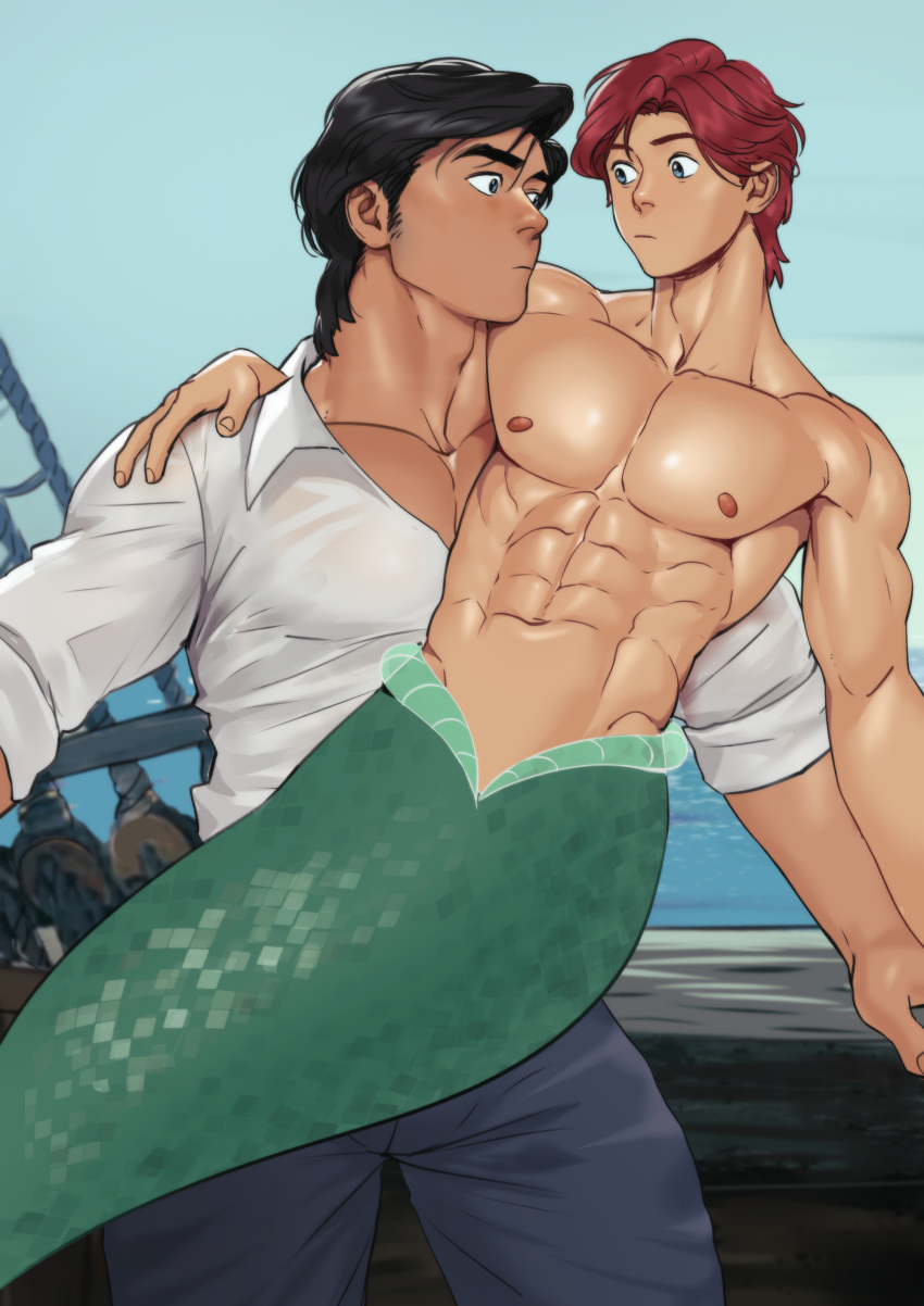 2boys ariel big_penis black_hair blue_eyes disney disney_prince gay gay_couple gay_sex genderbend genderswap genderswap_(ftm) male male/male male_focus male_only mermaid muscles muscular muscular_male prince_eric red_hair rule_63 siren suyohara the_little_mermaid