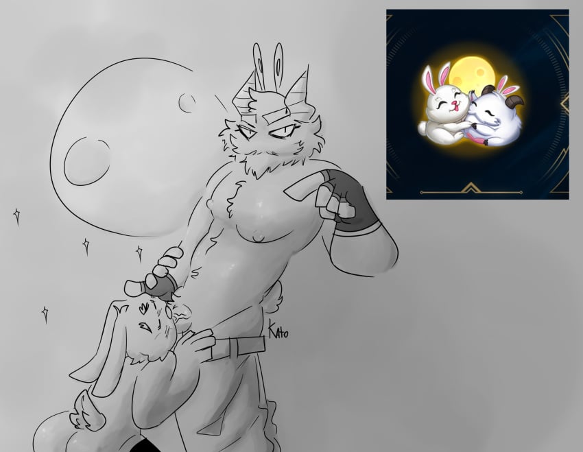 anthro bottomwear bottomwear_down clothed clothing duo fellatio fingerless_gloves gloves handwear hi_res horn katoelgato lagomorph league_of_legends leporid male male/male mammal moon oral pants pants_down partially_clothed penile poro rabbit riot_games sex