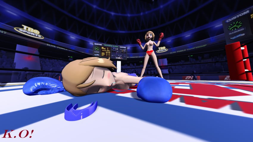 2girls 3d 3d_(artwork) artist_request blue_boxing_gloves blue_eyes blue_gloves blush boxing boxing_gloves boxing_ring breast_press catfight clone defeated drooling female female_only fight fighting_stance injury knocked_out mouthguard mouthpiece nintendo nosebleed pokemon pokemon_xy red_boxing_gloves red_gloves ryona selfcest serena_(pokemon) tagme topless topless_boxing underwear