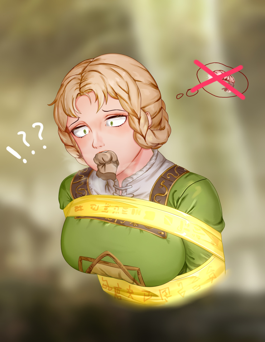 !?? 1girls big_breasts blonde_hair bondage braid clothing elden_ring female_only fromsoftware heidao mouth_gag rya_(elden_ring) thinking_about_food