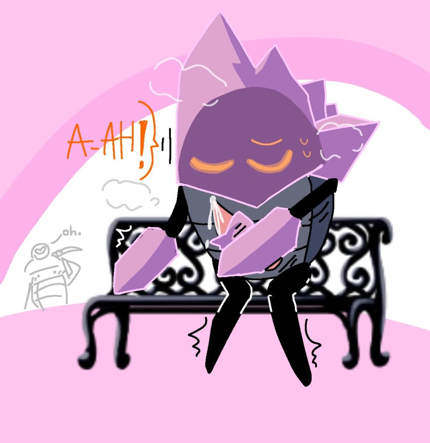 bench closed_eyes crystal_guardian hollow_knight male masturbating masturbation miguelsharku myla_(hollow_knight) orange_eyes sitting_on_bench text text_bubble twitch_lines twitching