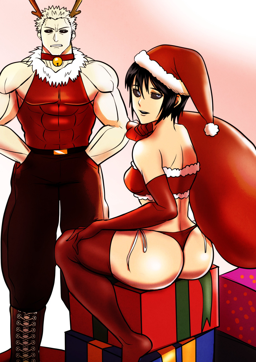 1boy 1girls antlers apsmaamspa bandeau bell_collar big_ass black_hair black_sclera brother_and_sister bubble_butt choker christmas christmas_outfit collar elbow_gloves female fur_trim gloves kengan_(series) kengan_ashura kure_fusui kure_raian looking_at_viewer looking_back male muscular_male panties red_gloves red_legwear red_panties red_thighhighs reindeer_antlers reindeer_costume santa_costume santa_hat short_hair siblings side-tie_panties sideboob sitting thighhighs