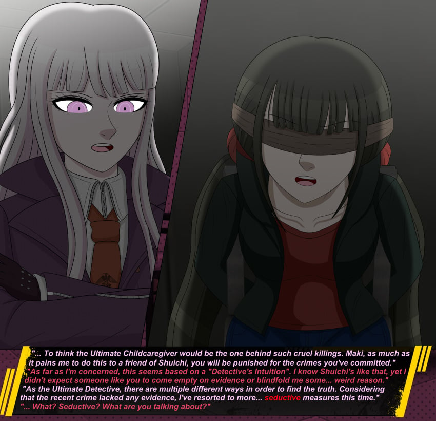 1futa 1girls blindfold brown_hair chair clothed clothing danganronpa danganronpa:_trigger_happy_havoc danganronpa_v3 dialogue duo english_text eroticaquatic female fully_clothed futanari harukawa_maki interrogation kirigiri_kyouko light-skinned_female light-skinned_futanari light_skin looking_down looking_up pink_hair self_upload standing straight_hair text tied_up twintails