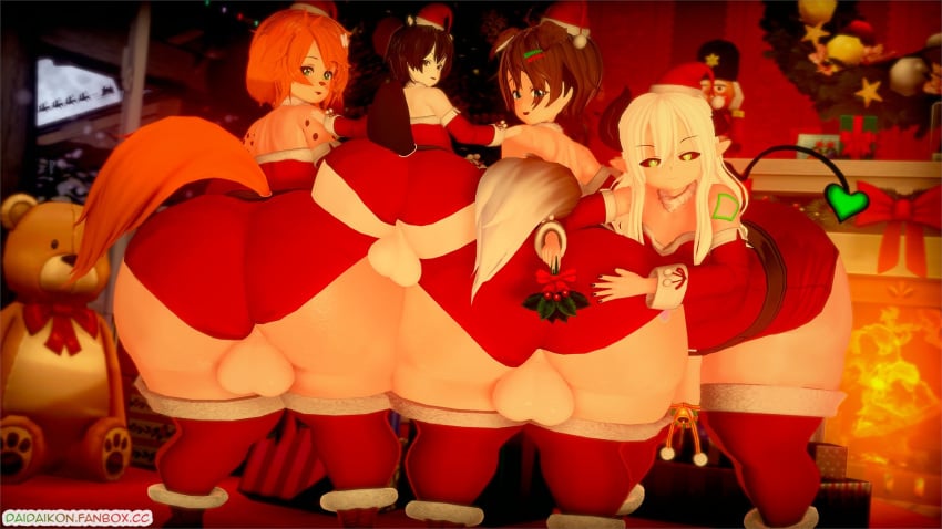 3d 4boys anthro ass balls baws_(artist) baws_(bawsnsfw) big_ass bubble_ass bubble_butt christmas christmas_clothing daidaikon femboy girly hand_on_ass huge_ass huge_butt inuki_zu inuko_jun levi_(the_yeager) multiple_boys thick_ass thick_thighs trap