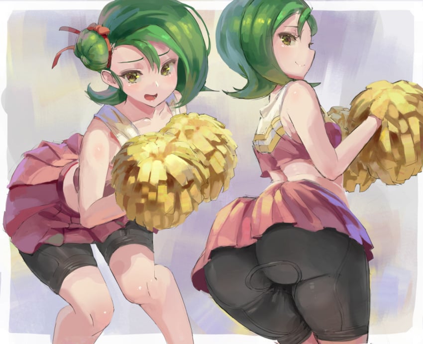 1girls ass big_ass bike_shorts bubble_butt cheerleader cheerleader_uniform fat_ass_teen female female_only fully_clothed green_hair huge_ass human kazo kotori_mizuki midriff short_hair shorts skirt solo standing teenager thick_thighs thighs tori_meadows wide_hips yu-gi-oh! yu-gi-oh!_zexal