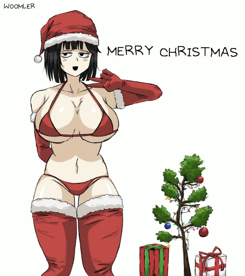 1girls bikini black_hair blossom_hope blush breasts christmas female gloves looking_at_viewer matsuzaki_asako peace_sign presents santa_hat short_hair stockings text thick_thighs tree v watermark white_background woomler