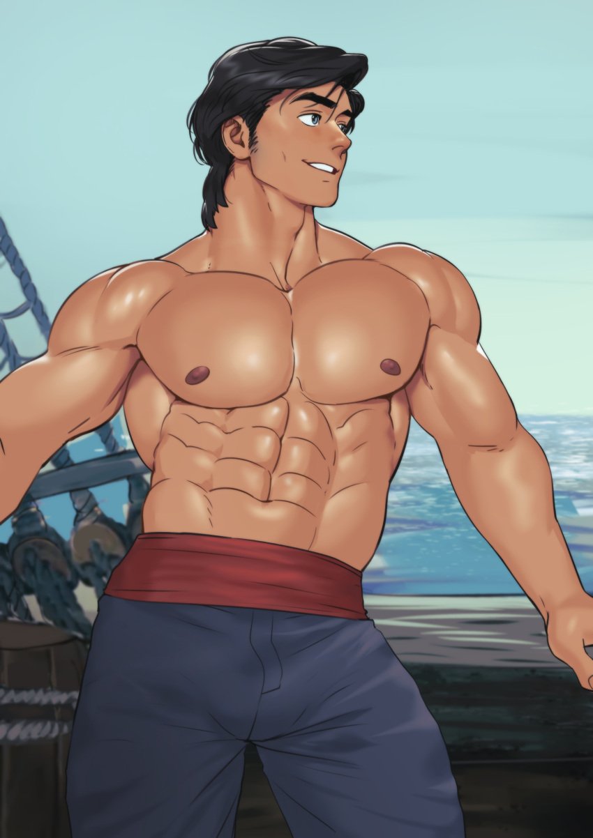 1boy black_hair blue_eyes clothed disney disney_prince male male_focus male_only muscles muscular muscular_male prince_eric shirtless suyohara the_little_mermaid