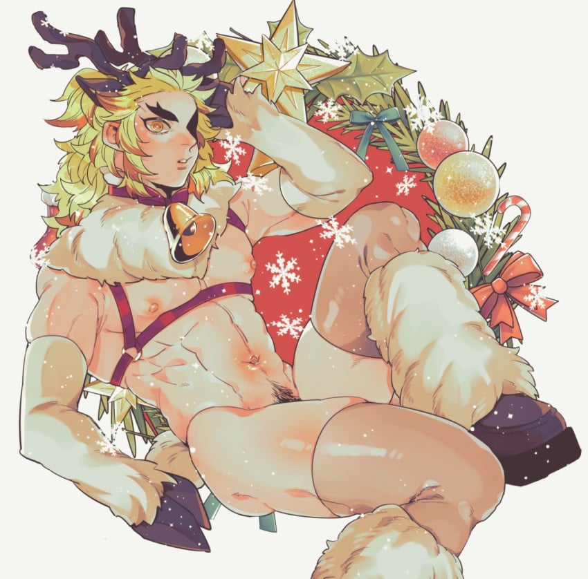 alternate_costume antlers bell_collar blonde_hair bottomless choker christmas demon_slayer elbow_gloves functionally_nude fur_collar gloves harness hoof_gloves hooves kimetsu_no_yaiba kyu_717 leg_warmers long_hair long_hair_male looking_at_viewer male male_only male_pubic_hair muscular muscular_male navel pecs pubic_hair pubic_hair_peek reindeer_antlers reindeer_costume reindeer_ears rengoku_kyoujurou solo thick_eyebrows thick_thighs thighhighs two_tone_hair white_gloves yellow_eyes