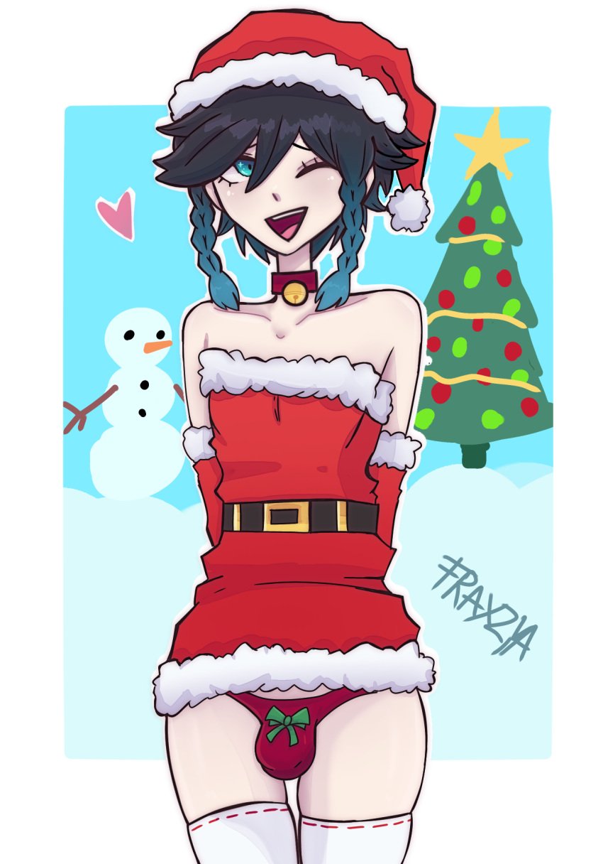 1boy bell_collar belt braids bulge christmas christmas_outfit christmas_tree femboy fraxzya genshin_impact green_eyes heart male_focus male_only pale_skin santa_hat self_upload smiling snowman solo_male standing stockings venti_(genshin_impact) winking