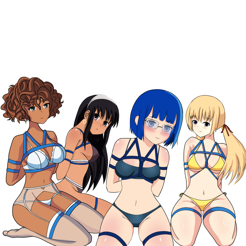 4girls bikini black_hair blonde_hair bondage bra curly_hair dark-skinned_female dark_skin female female_only femsub garter_belt glasses hairband happy_sub hunie_(series) huniepop koji_draw kyanna_delrio light-skinned_female light_skin lingerie lola_rembrite long_hair looking_at_viewer multiple_girls nikki_ann-marie on_knees panties rope_bondage sex_slave slave slave_handles stockings tied_hair tiffany_maye twintails white_background