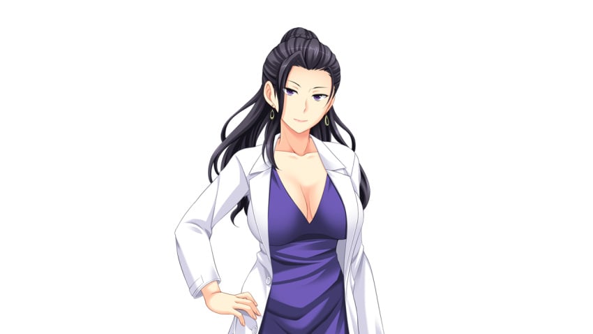 big_breasts black_hair clothed_female doctor earrings female female_only half-closed_eyes hand_on_hip long_hair medical_gown nakagawa_kuniko purple_eyes