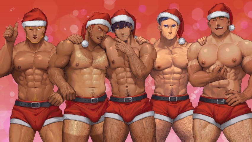 5boys abs bara big_biceps big_muscles big_pecs christmas flexing flexing_arms flexing_bicep gay gorou_naoki hairy_arms hairy_legs hugging looking_at_viewer male_only muscle muscles muscular_male ohutongoro santa_costume santa_hat smiling tan_body tanline tanned yaoi