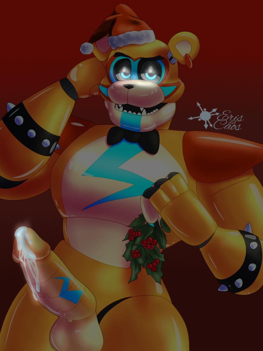 1boy 1male 2022 animatronic anthro anthro_focus anthro_only balls bear bodypaint bow_tie bowtie bracelet bright_eyes christmas christmas_hat christmas_outfit christmas_present cum cum_drip cum_string cum_trail cumming digital_drawing digital_media_(artwork) ear_piercing earrings ejaculation erect_penis erection eriserisdelcaos facepaint fangs five_nights_at_freddy's five_nights_at_freddy's:_security_breach genital_fluids glamrock_freddy_(fnaf) glans half-closed_eyes hand_behind_head headgear headwear holding_mistletoe holding_object humanoid_genitalia humanoid_penis looking_at_viewer machine male male_focus male_only merry_christmas mistletoe open_mouth orgasm pierced_ears piercing pov robot robotic_genitalia scottgames sharp_teeth shoulder_pads smooth_penis solo solo_focus solo_male spiked_bracelet steel_wool_studios teeth testicles watermark