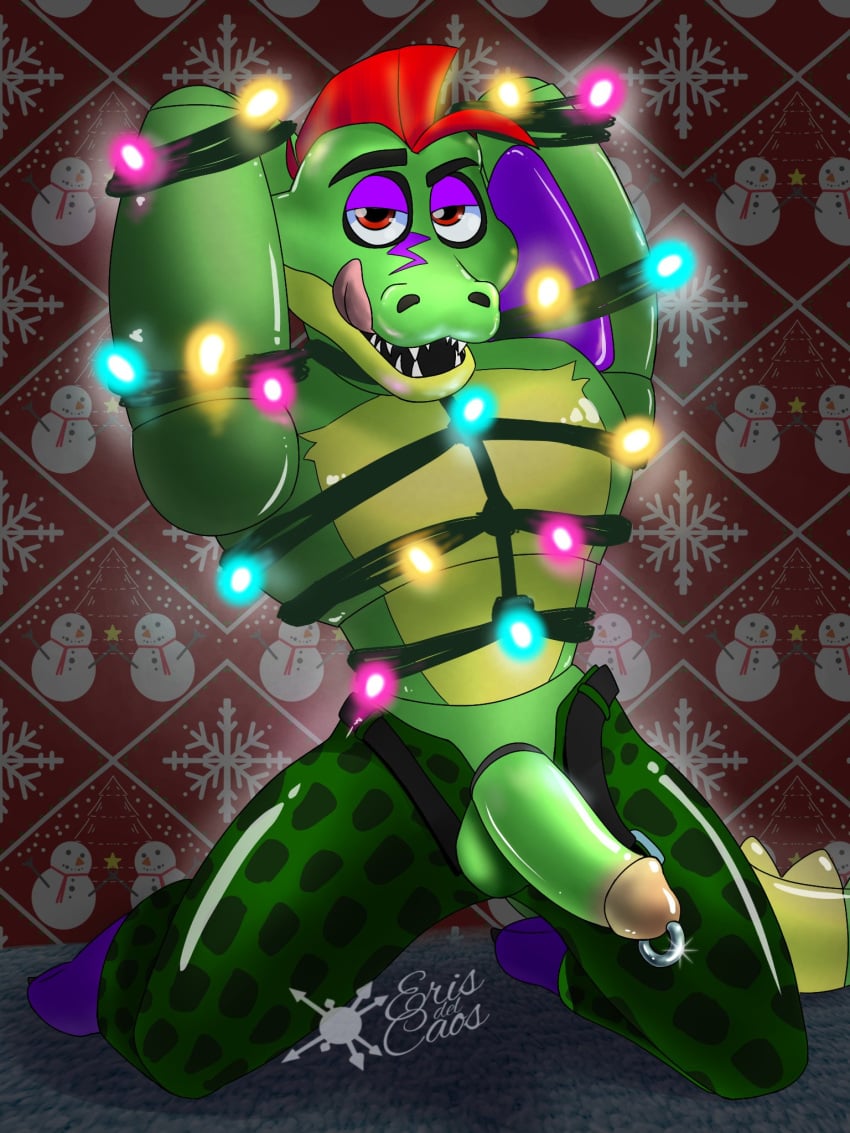 1boy 2022 alligator alligatorid animatronic anthro anthro_focus anthro_only arms_behind_back arms_behind_head artist_logo artist_name balls ballsack boner christmas christmas_gift christmas_lights christmas_outfit crocodile crocodilian crocodylid digital_drawing_(artwork) digital_media_(artwork) erect_penis erection eriserisdelcaos eye_contact facepaint fangs five_nights_at_freddy's five_nights_at_freddy's:_security_breach genital_piercing glans green_body green_skin half-closed_eyes hi_res humanoid_genitalia humanoid_penis kneeling licking_lips looking_at_viewer machine male male_only merry_christmas mohawk_(hairstyle) montgomery_gator_(fnaf) open_mouth pants_down pants_open partially_clothed partially_clothed_male penis penis_piercing pierced_genitals piercing pose posing_for_the_viewer pov prince_albert_piercing red_eyes red_hair reptile reptile_humanoid ring_piercing robot robotic_genitalia scottgames scrotum sharp_teeth shoulder_pads smooth_penis solo solo_anthro spiked_tail spikes_(anatomy) steel_wool_studios tail teeth testicles tied_arms tongue tongue_out