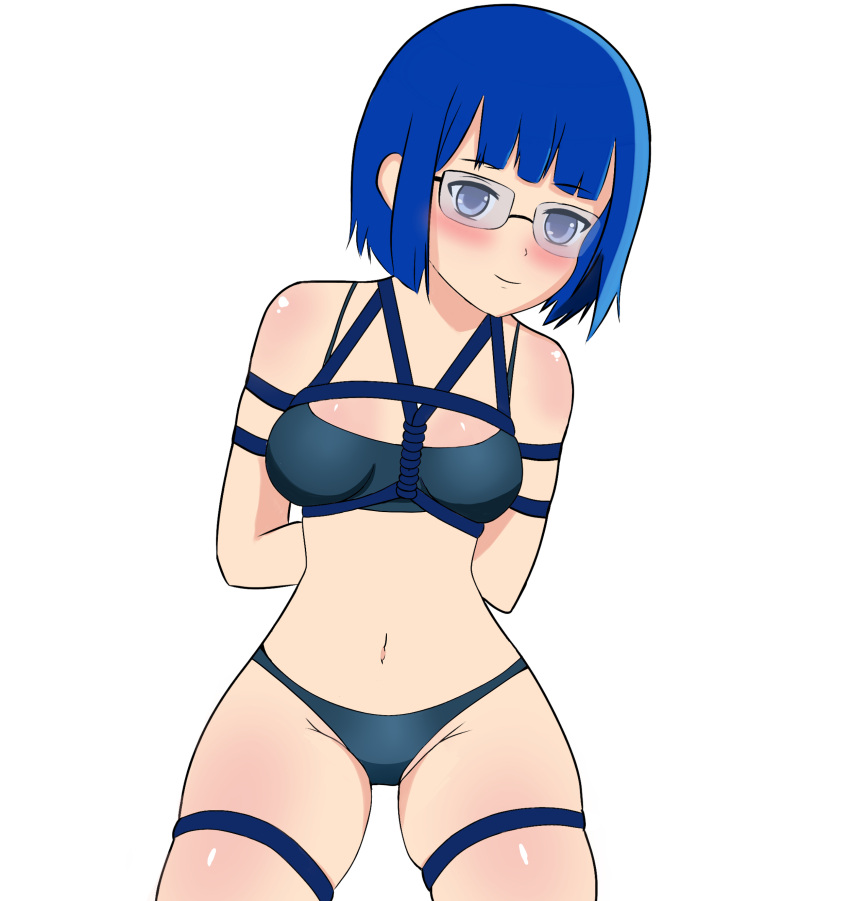 1girls arms_behind_back bikini blue_eyes blue_hair blush bondage female female_only femsub glasses happy_sub hunie_(series) huniepop koji_draw looking_at_viewer medium_breasts nikki_ann-marie rope_bondage sex_slave short_hair slave solo white_background