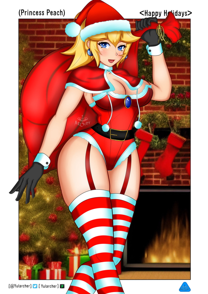 1girls artist_name big_breasts blonde_hair blue_eyes breasts busty christmas cleavage curvy female female_only gloves highres large_breasts legs leotard looking_at_viewer mario_(series) nintendo ponytail princess princess_peach smile solo thighs voluptuous yularcher