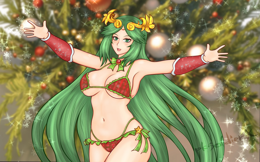 1girls armpits big_breasts bikini breasts busty christmas cleavage female female_only goddess green_eyes green_hair hi_res kid_icarus large_breasts long_hair navel nintendo open_mouth outstretched_arms palutena pksoldierx red_bikini smile solo swimsuit thong_bikini voluptuous