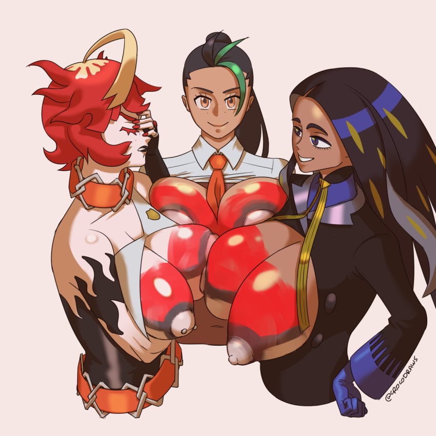 3girls black_hair crocodraws female_only geeta_(pokemon) green_hair highres long_hair medium_hair mela_(pokemon) multicolored_hair multiple_girls necktie necktie_between_breasts necktie_only nemona_(pokemon) pokemon pokemon_(game) pokemon_champion pokemon_sv red_hair red_necktie simple_background streaked_hair team_star tie topless